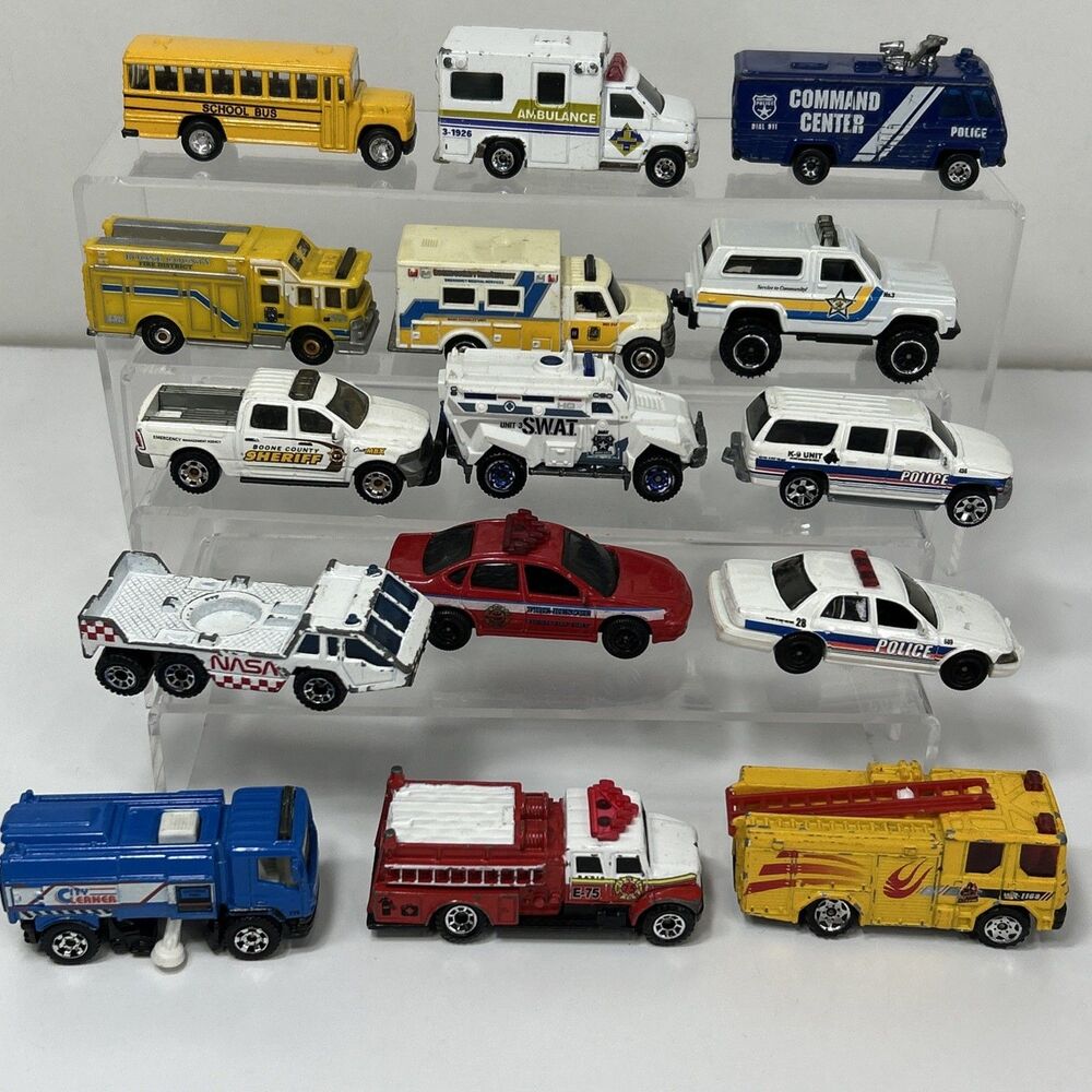 Matchbox Lot School Bus SWAT K9 Police Sheriff Ambulance Fire Truck NASA Cleaner